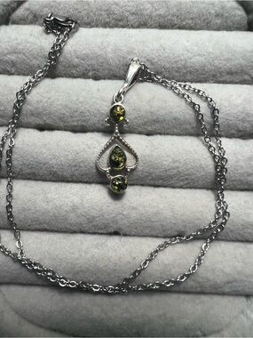 Sterling Silver Green Amber Teardrop Pendant Necklace - Women Jewelry